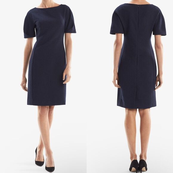 MM.LaFleur Women The Susanna Sheath Dress in Italian Pebble Jacquard Navy - Picture 1 of 13